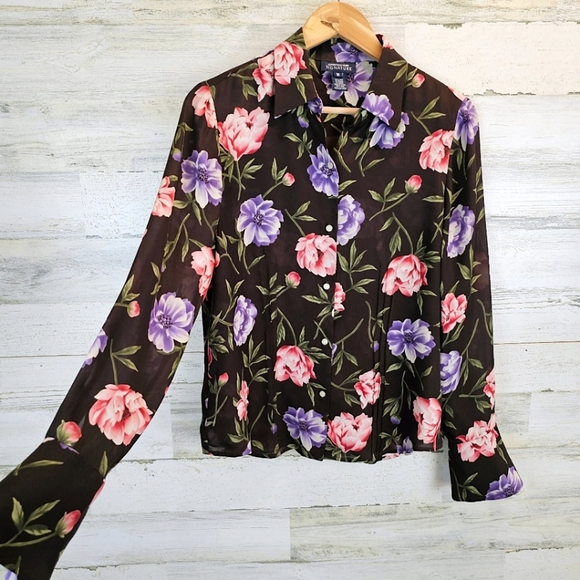 Jones NY Signature 100% Silk Floral Button Up Blouse Medium Black Tailored Fit - Picture 6 of 14
